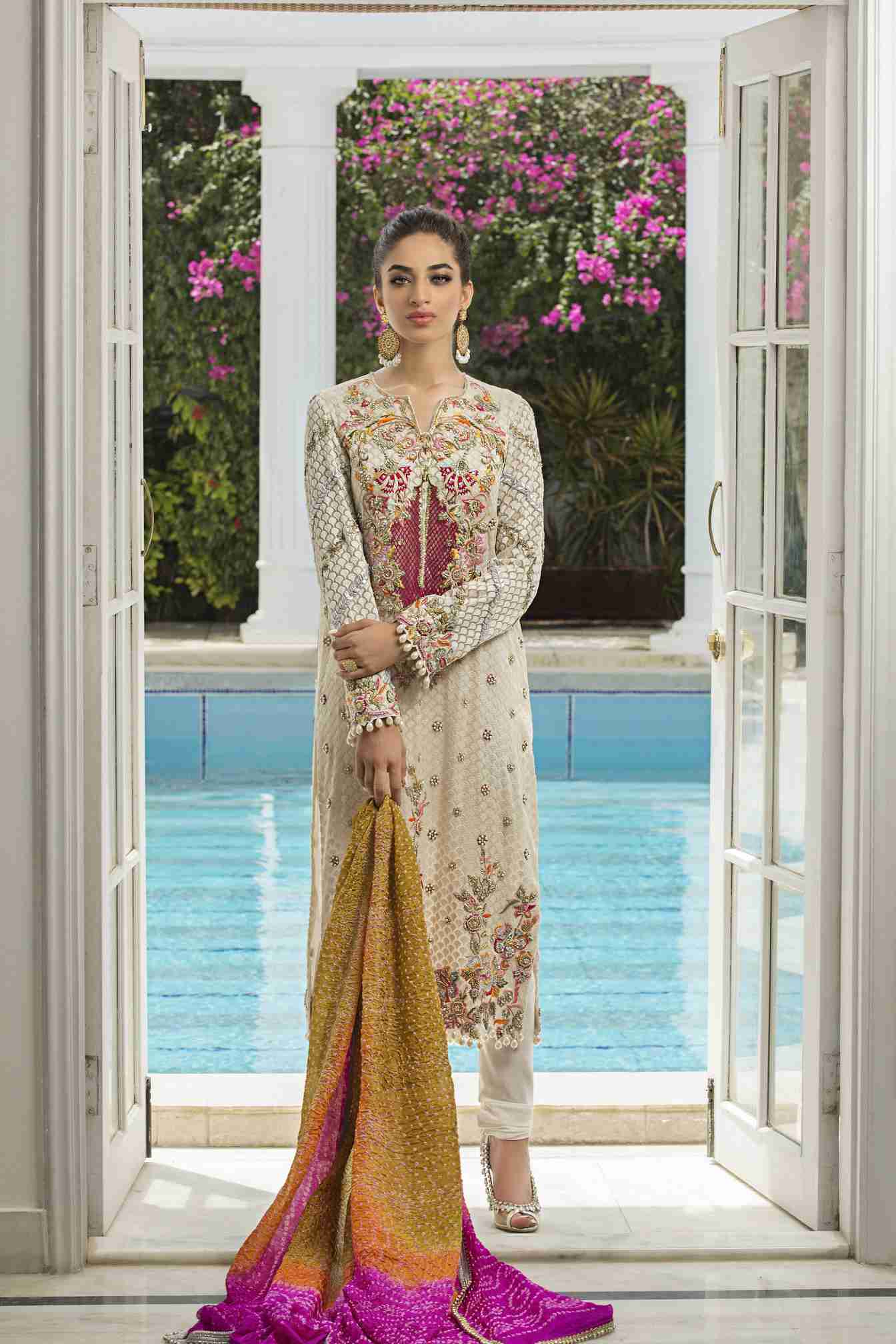 White Multi Embroidered Long Tunic with Churidaar and Chunri Dupatta