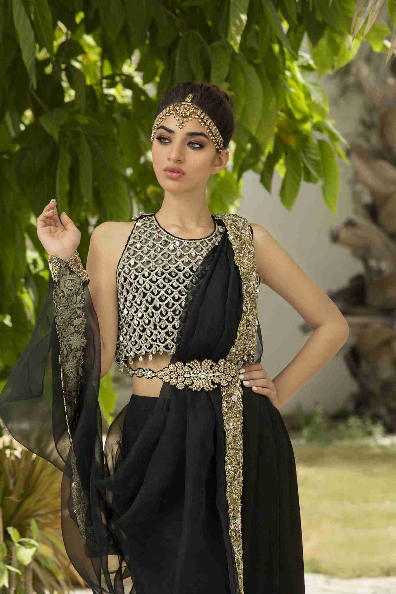 Black Crystal Drop Choli with Sari Pants and Organza Embellished Dupatta with belt