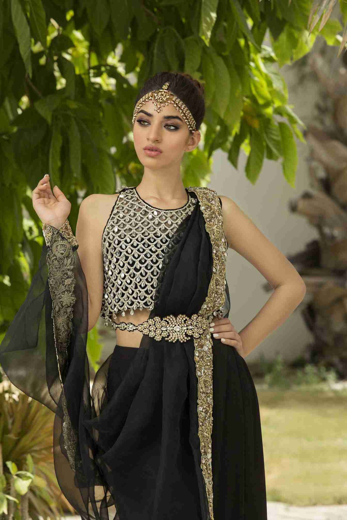 Black Crystal Drop Choli with Sari Pants and Organza Embellished Dupatta with belt