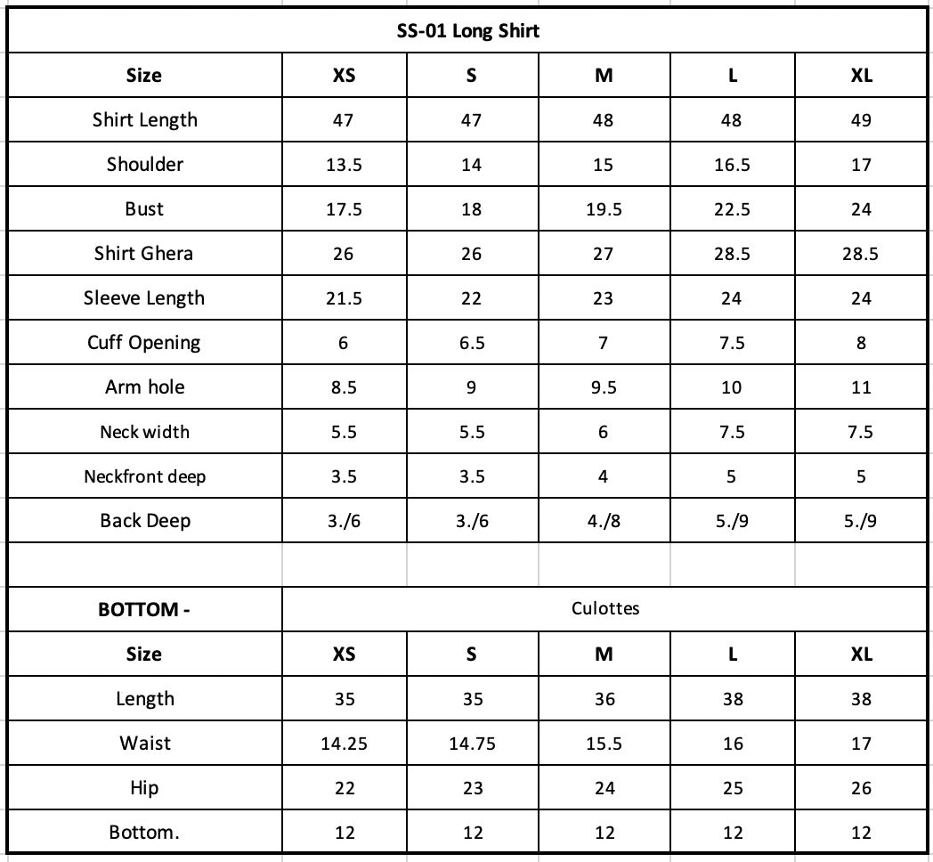 Size Chart (inches)