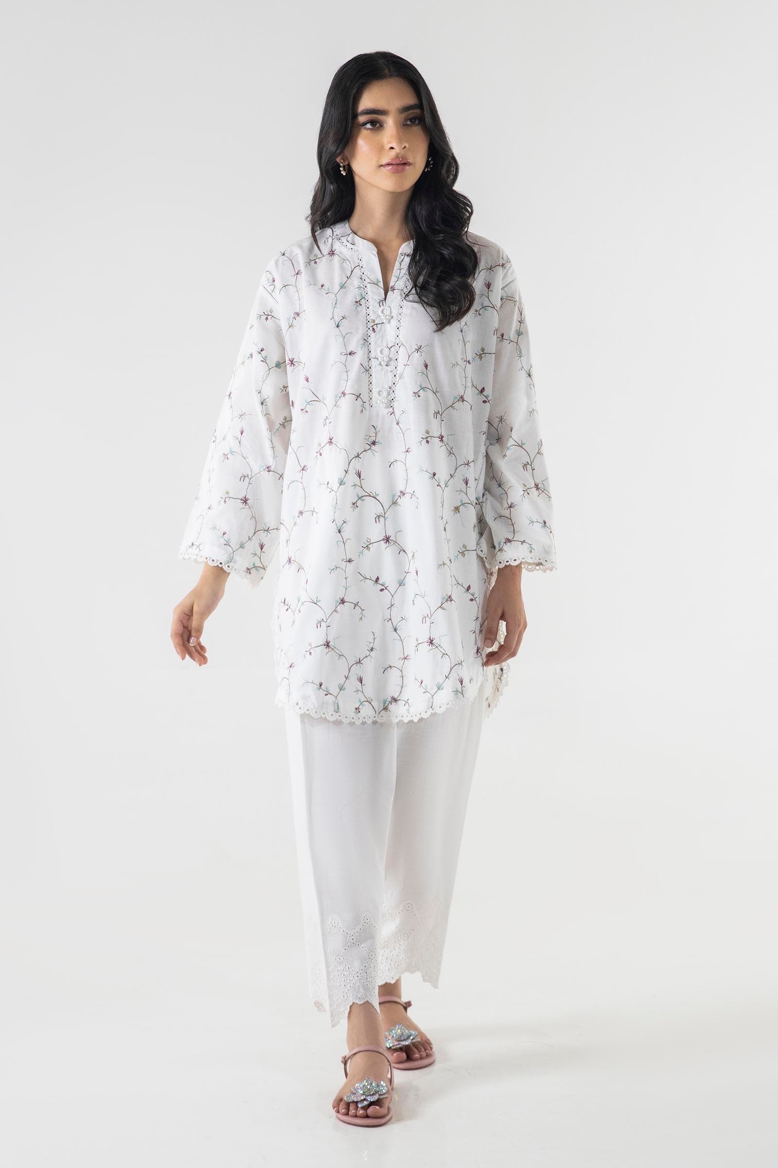 Stitched Off White Embroidered Shirt