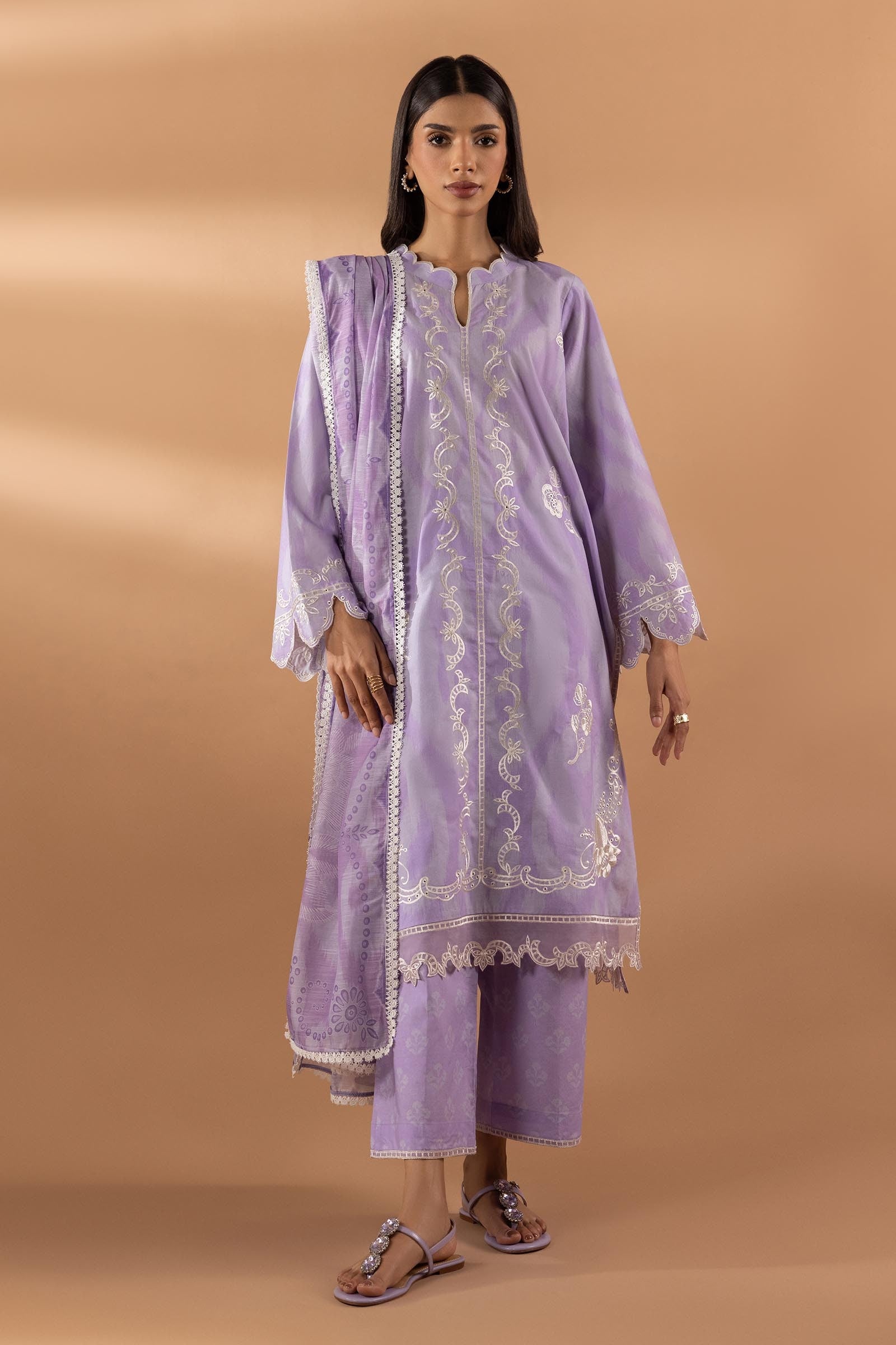 Stitched Lawn Embroidered Shirt + Culotte + Dupatta
