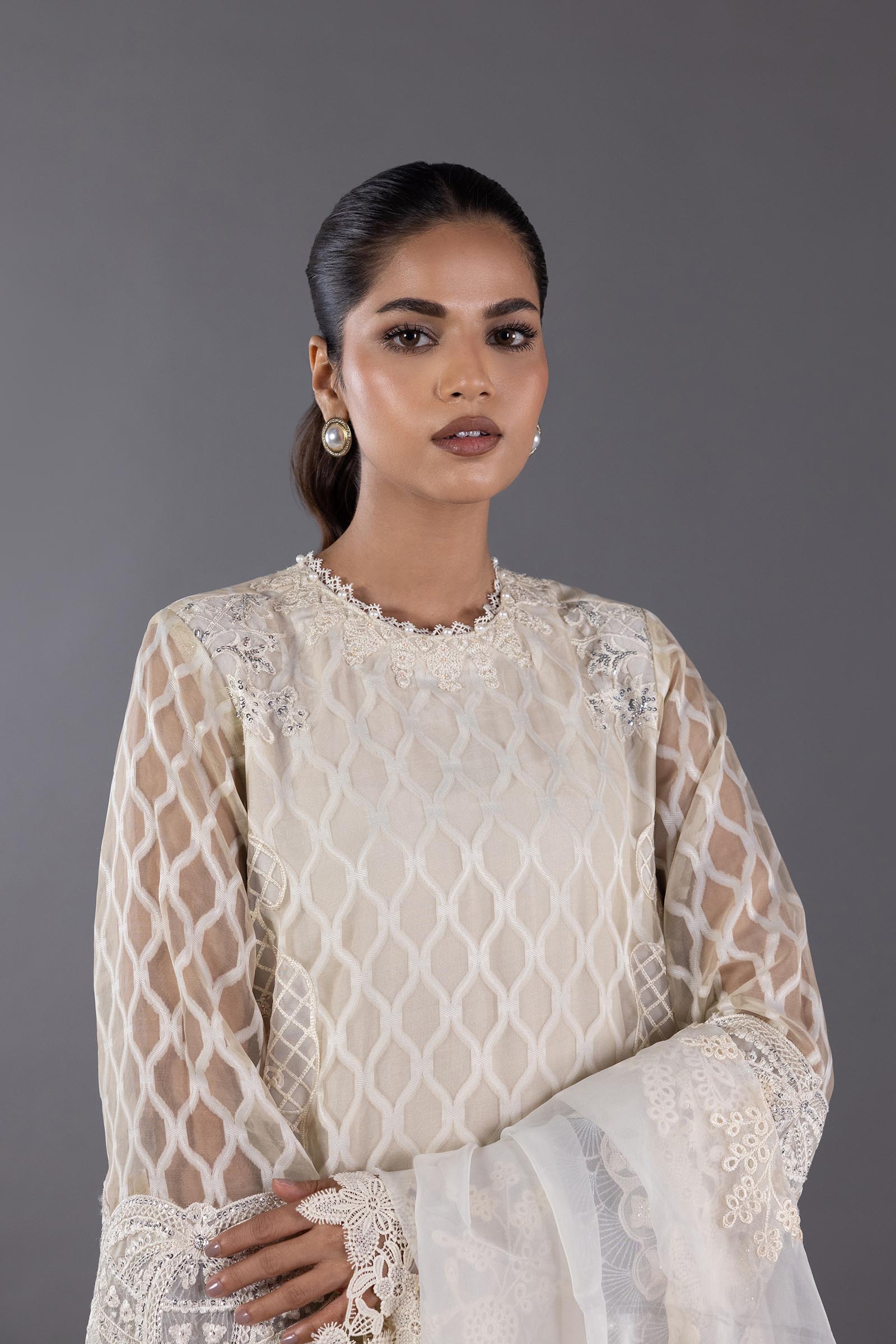 Stitched Organza Embroidered Shirt + Culotte+ Dupatta
