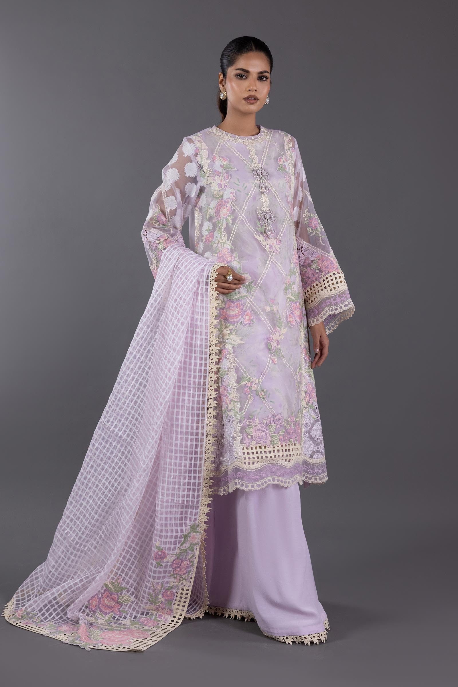 Stitched Organza Embroidered Shirt + Plazo + Dupatta