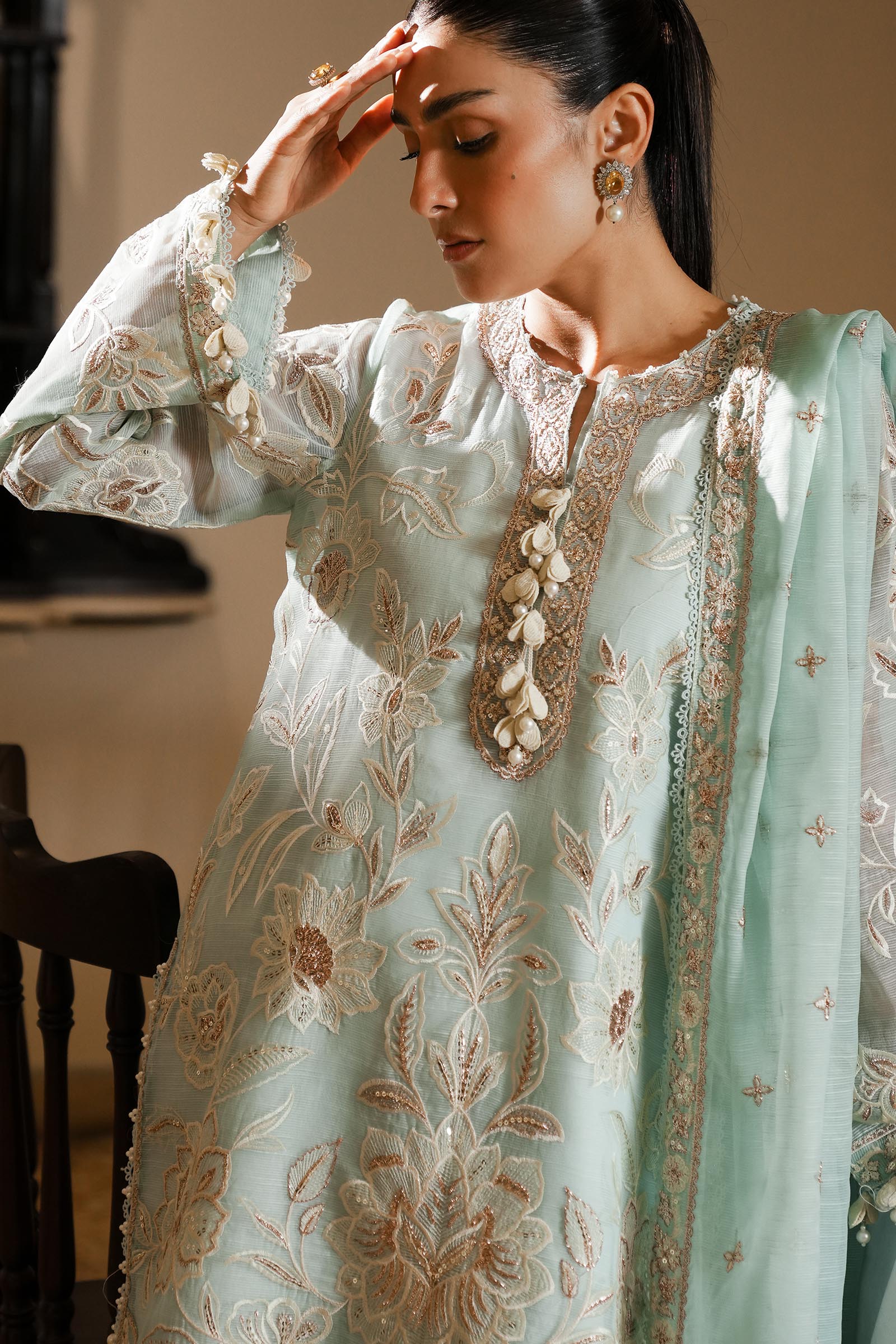 Stitched Embroidered Cotton Shirt + Shalwar + Dupatta
