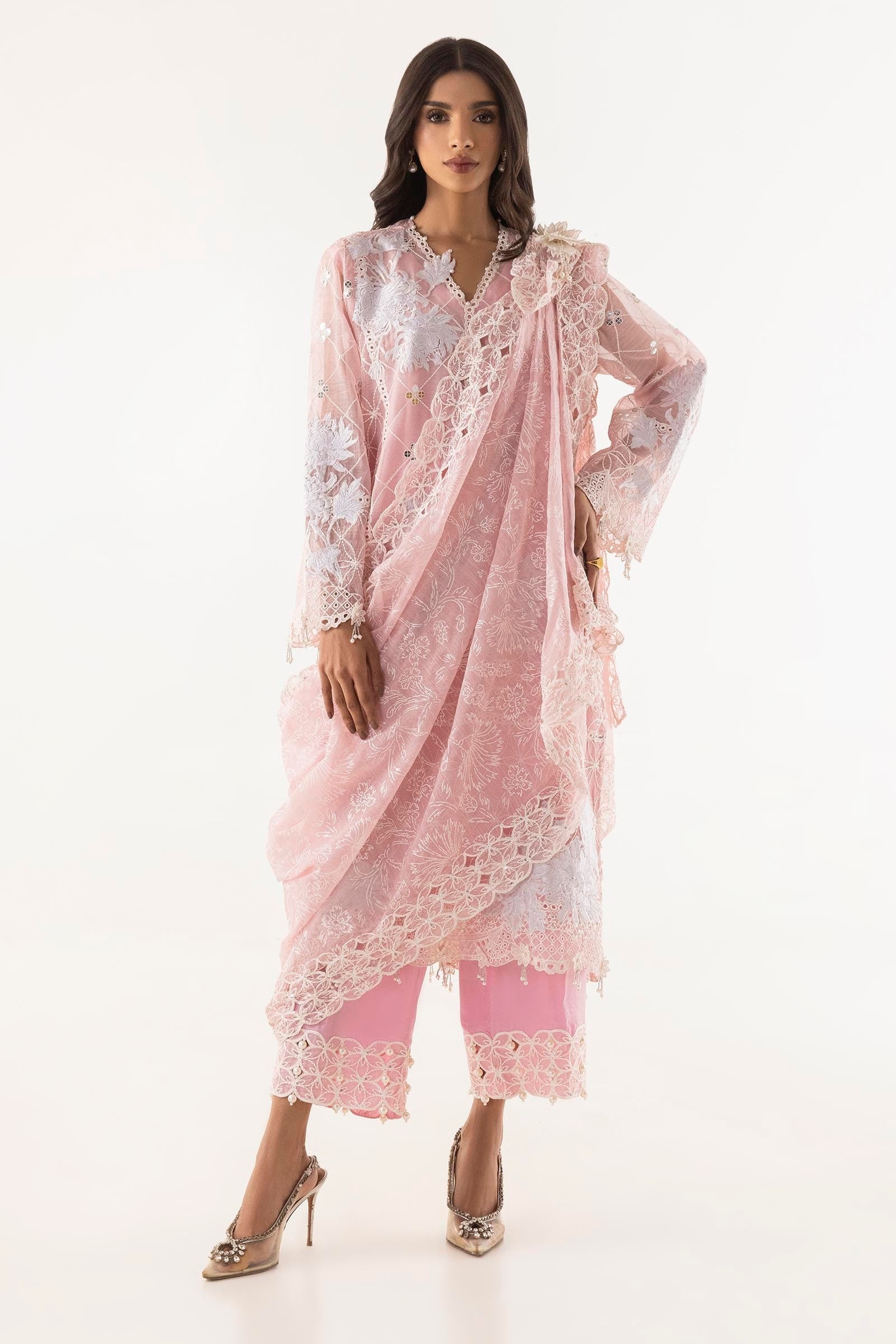 Stitched Embroidered Slub Shirt + Culotte + Dupatta