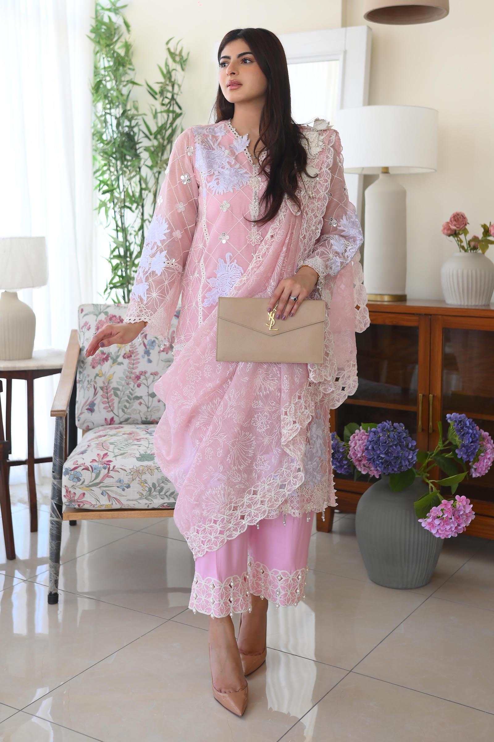 Stitched Embroidered Slub Shirt + Culotte + Dupatta