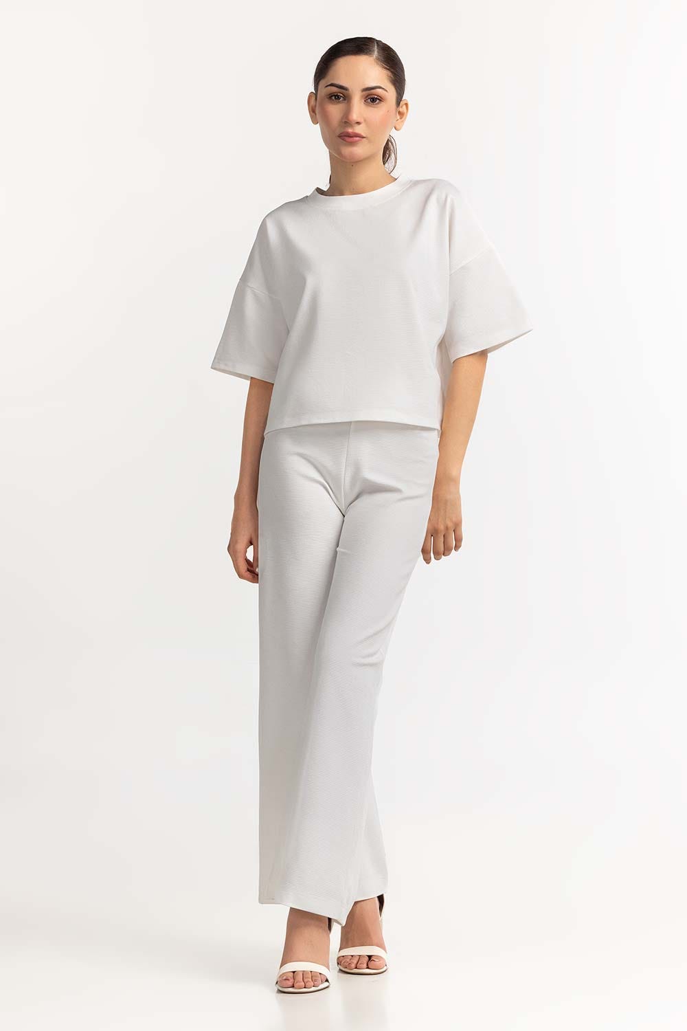 Textured Crew Neck White Shirt