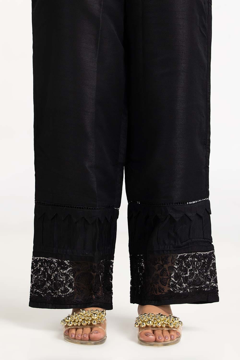 Black Embroidered Raw Silk Bell Bottom Trousers