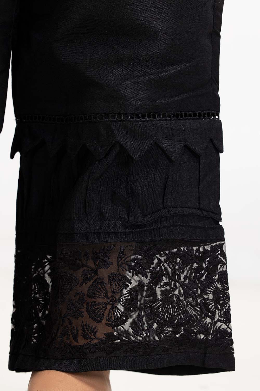 Black Embroidered Raw Silk Bell Bottom Trousers