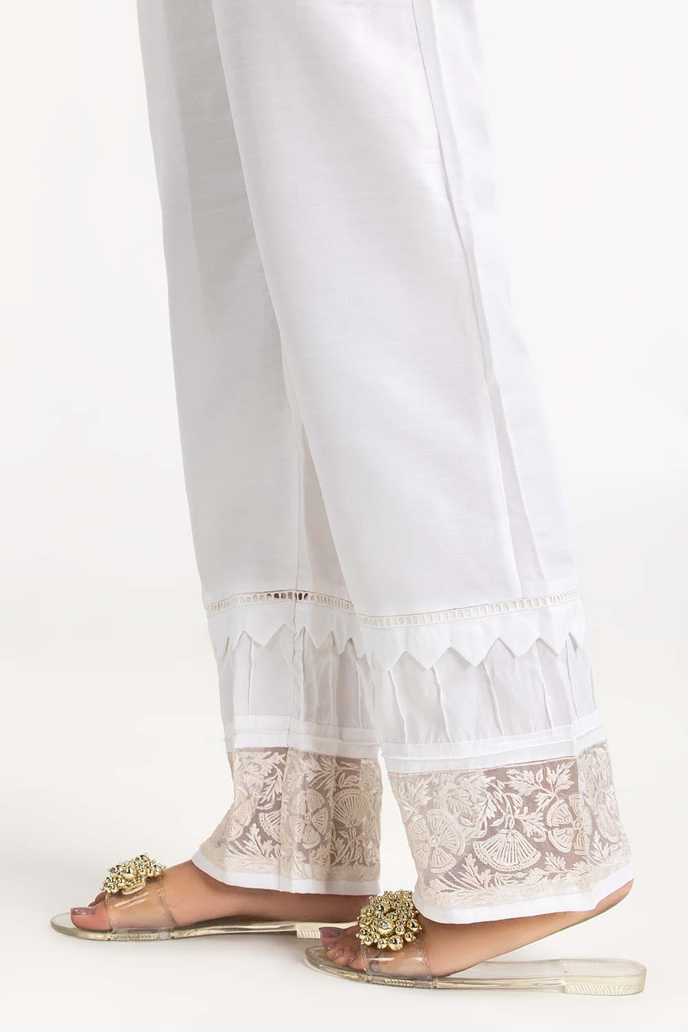 White Embroidered Raw Silk Bell Bottom Trousers