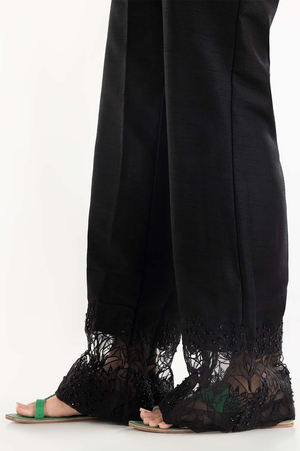 Black Embroiered Raw Silk Bell Bottom Trousers
