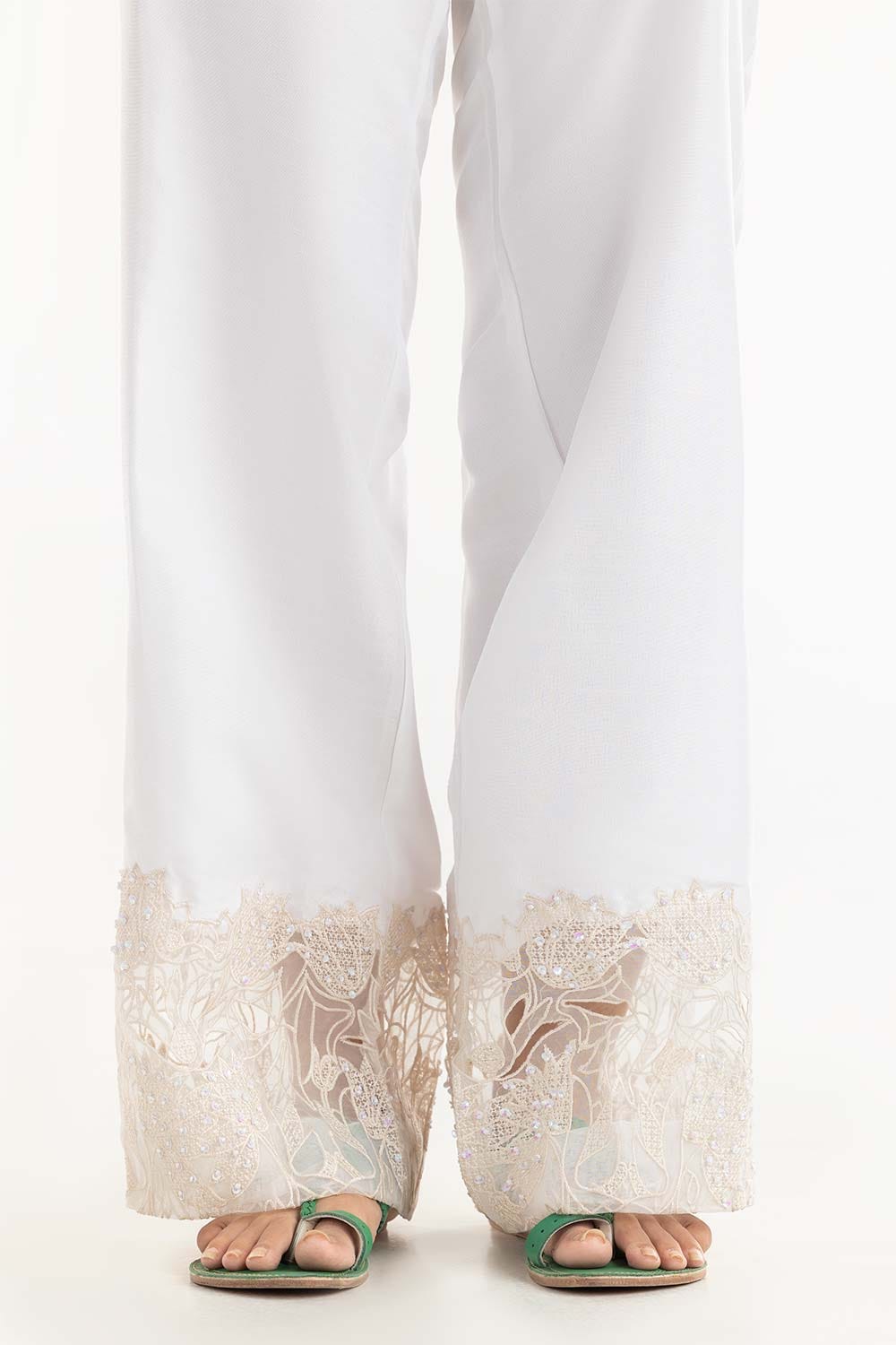 White Embroiered Raw Silk Bell Bottom Trousers