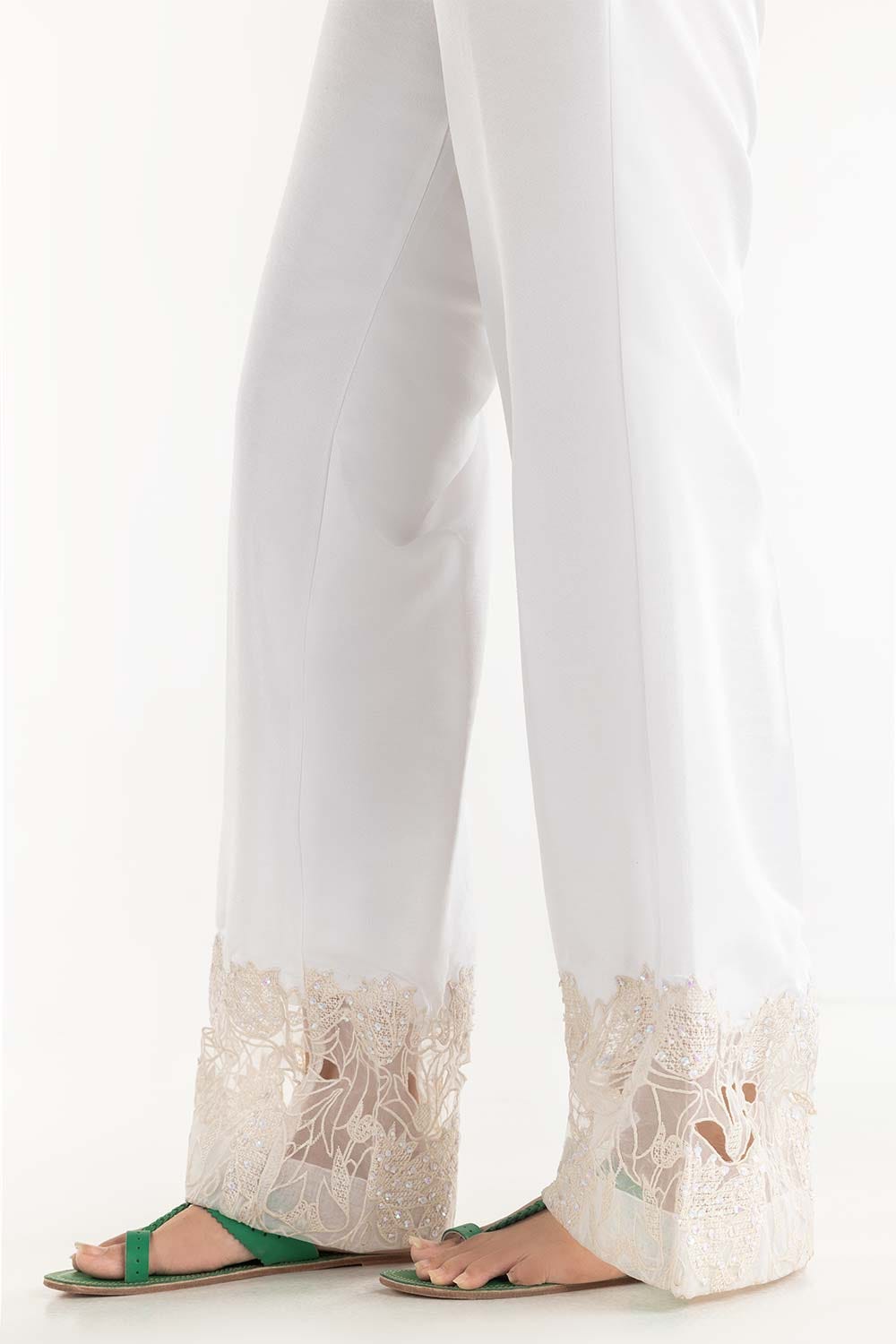 White Embroiered Raw Silk Bell Bottom Trousers