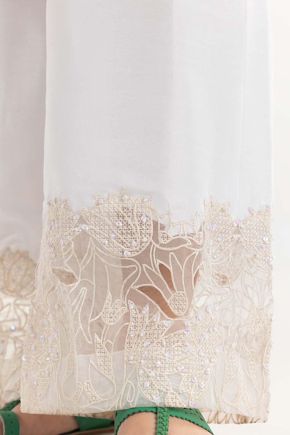 White Embroiered Raw Silk Bell Bottom Trousers