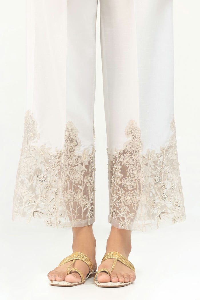 White Embroidered Indian Raw Silk Trousers