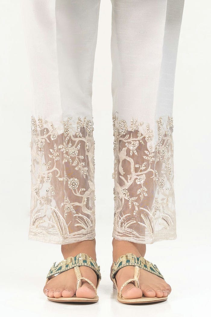 White Embroicered Indian Raw Silk Trousers