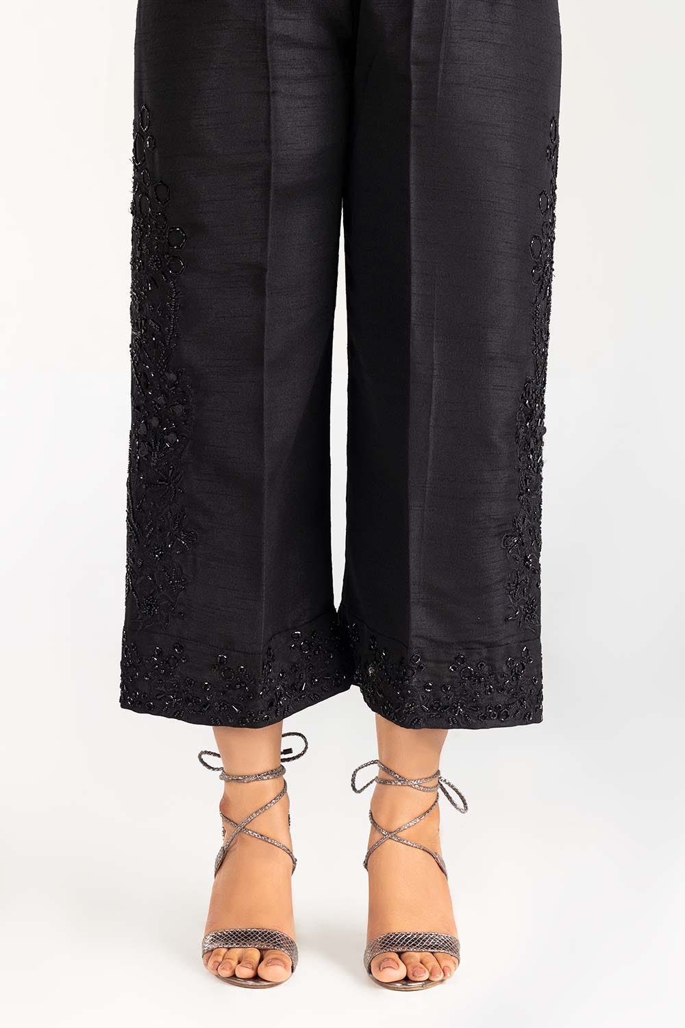 Black Embroidered Raw Silk Trousers