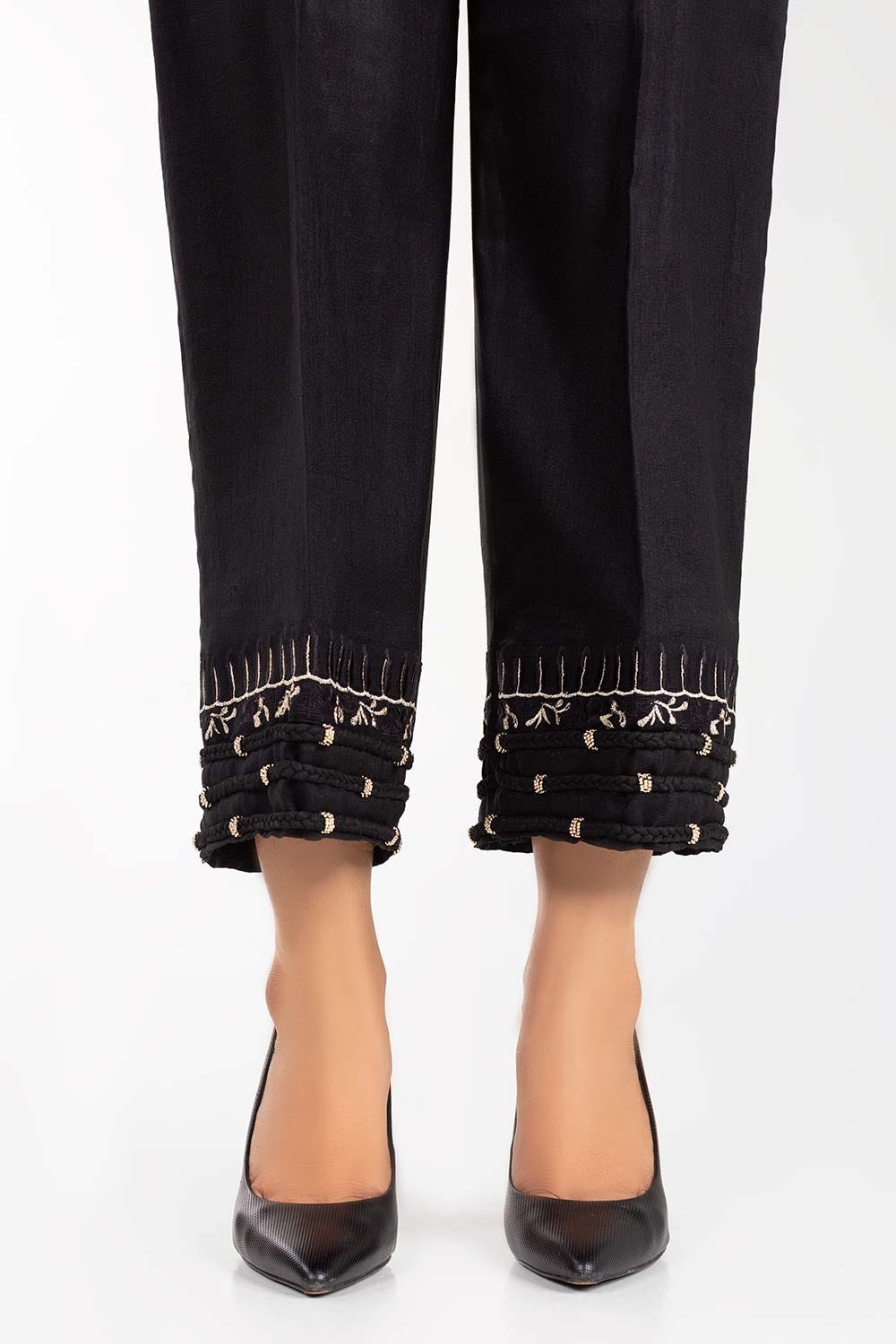 Black Embroidered Raw Silk Trousers