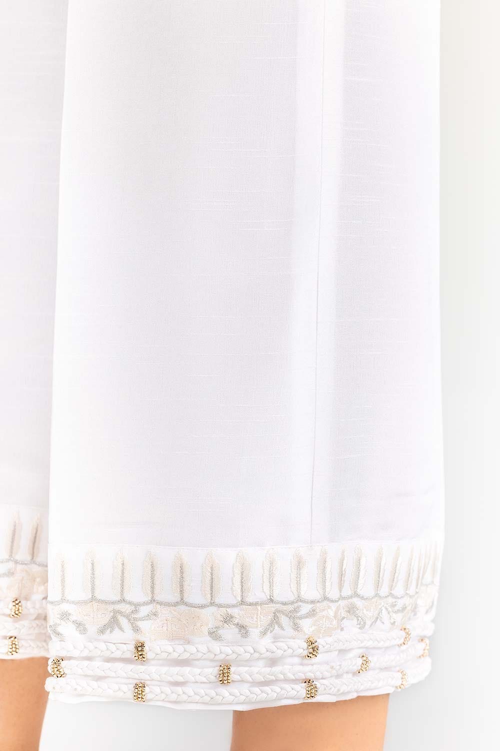 White Embroidered Raw Silk Trousers
