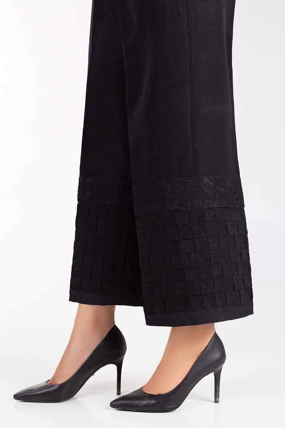 Black Embroidered Raw Silk Trousers