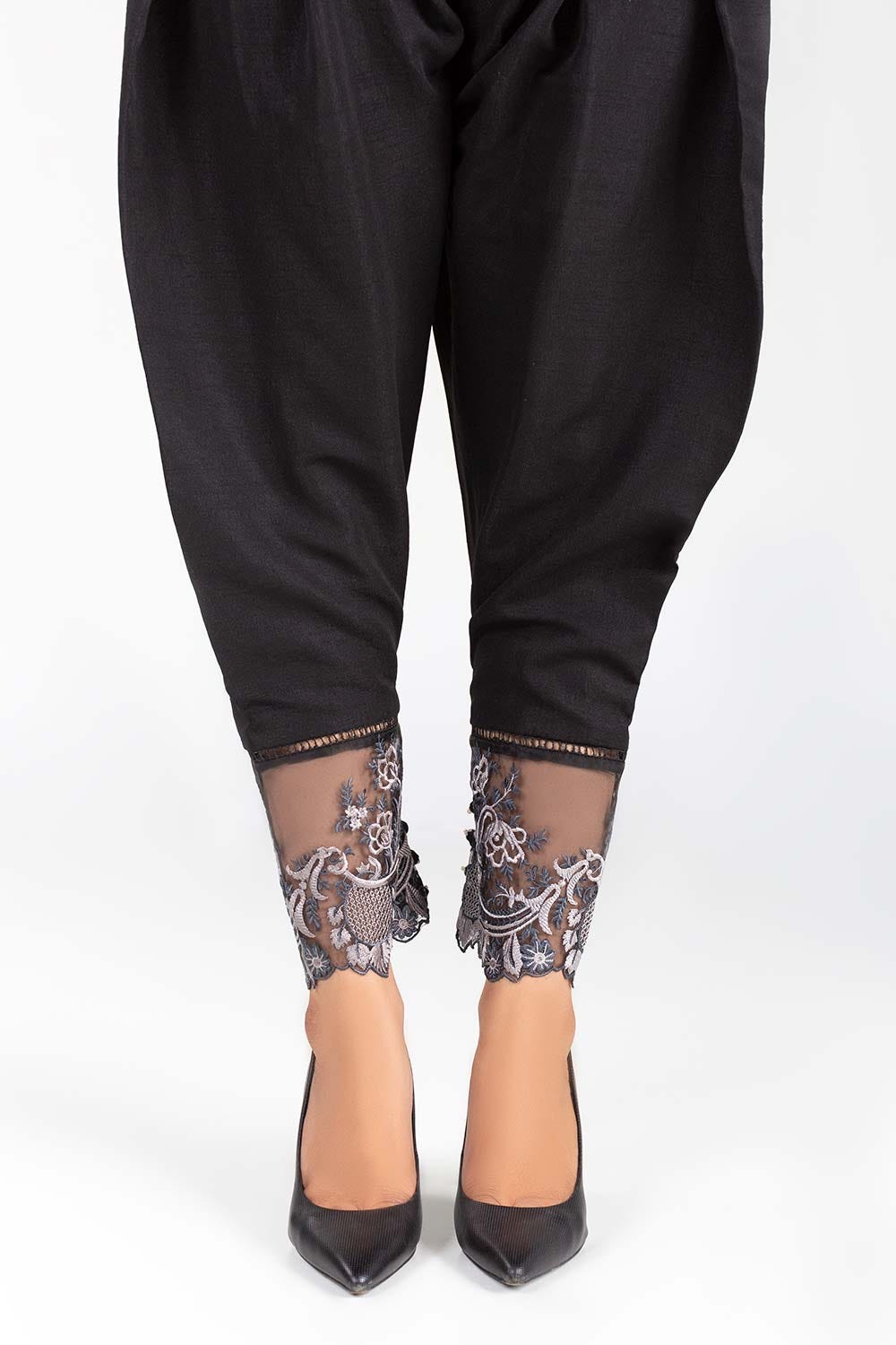 Black Embroidered Raw Silk Trousers