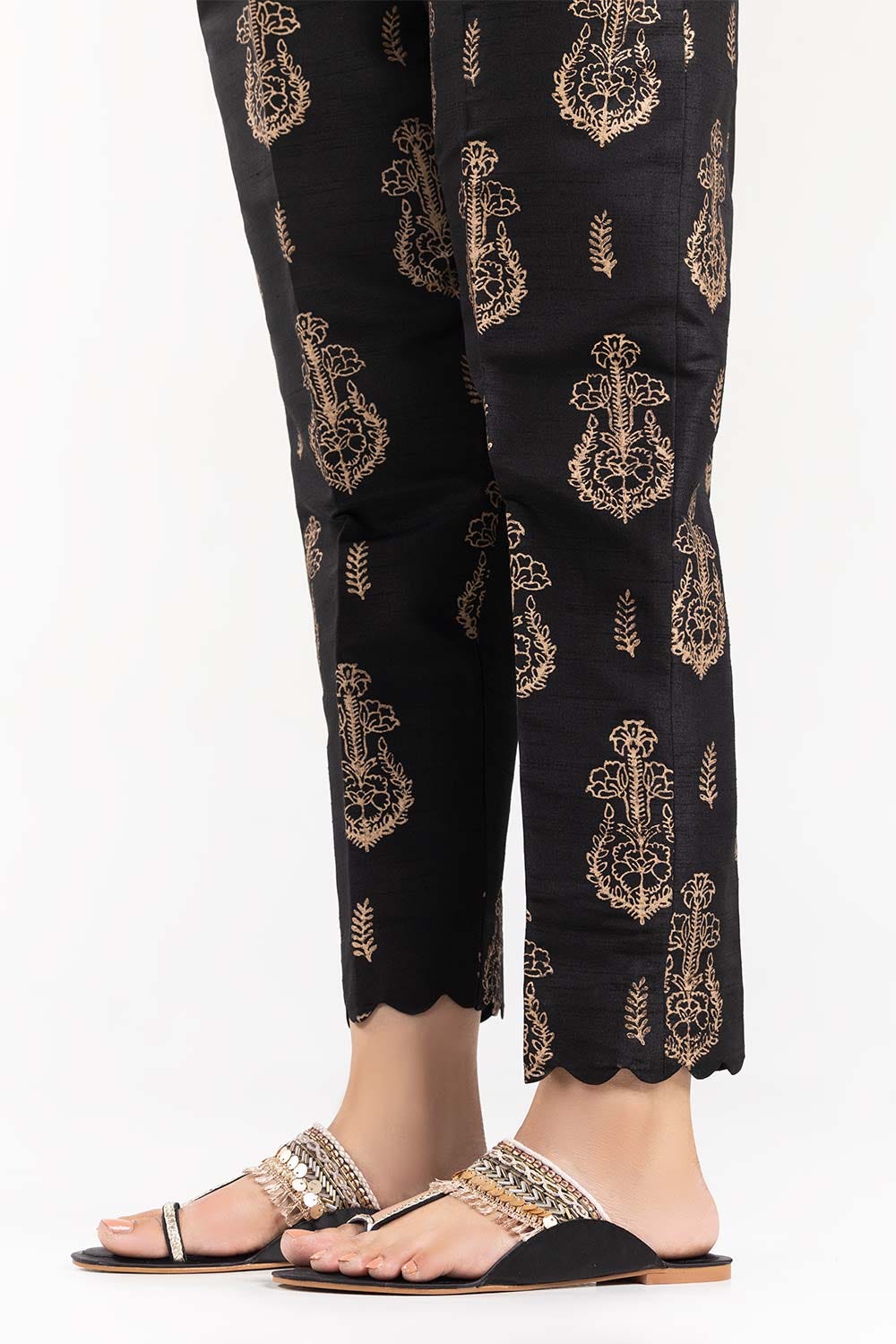Black Screen Printed Raw Silk Pants