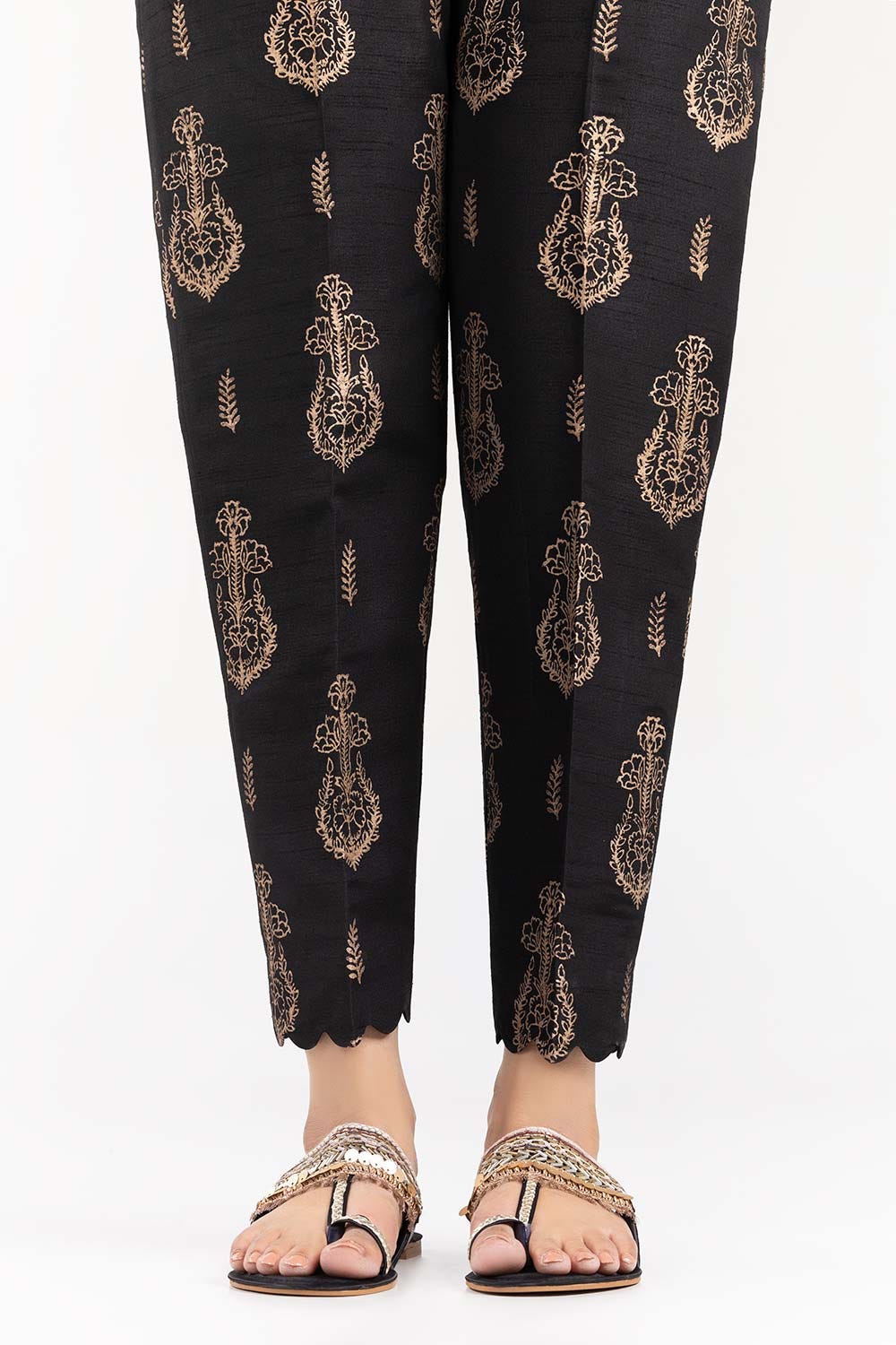 Black Screen Printed Raw Silk Pants