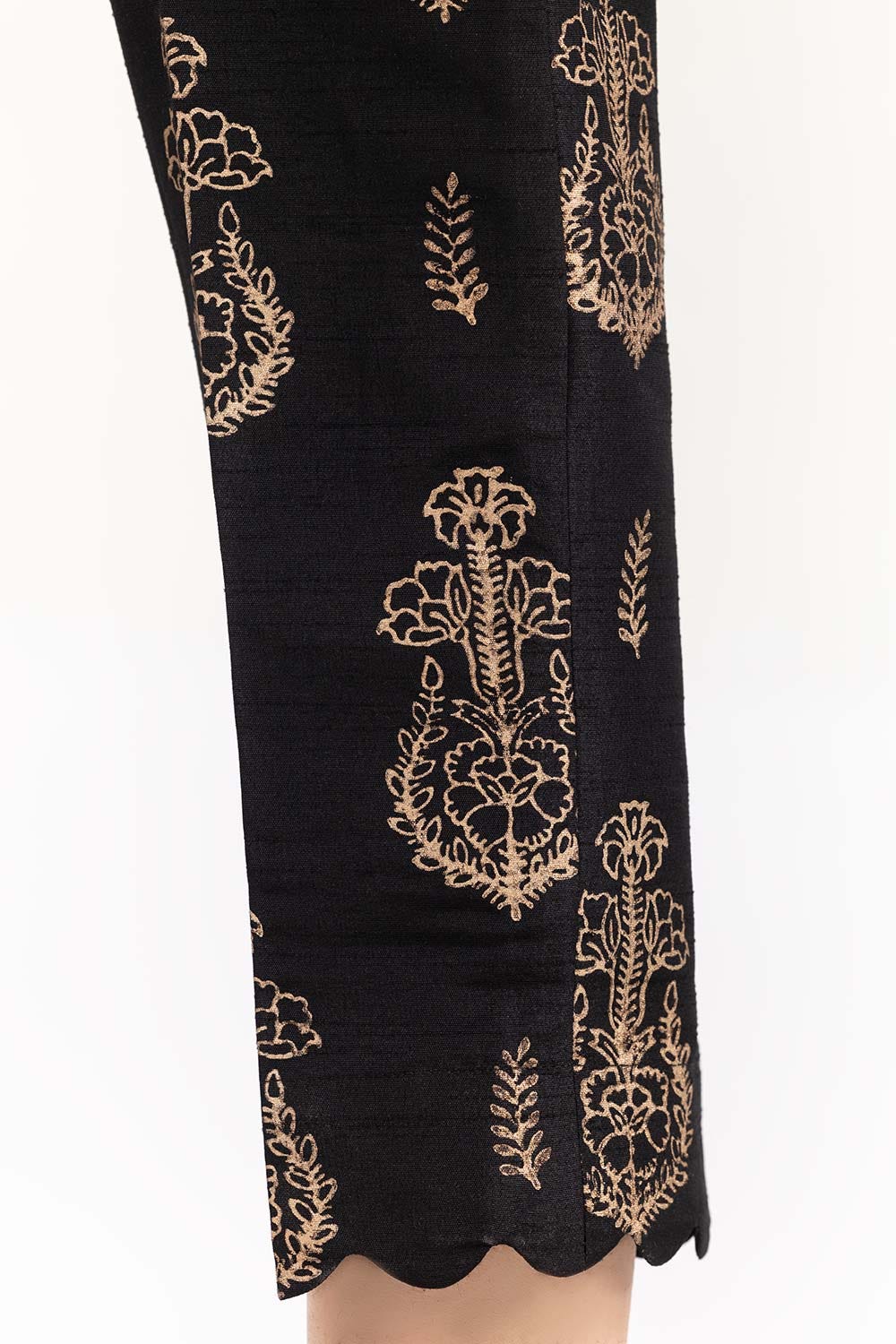 Black Screen Printed Raw Silk Pants