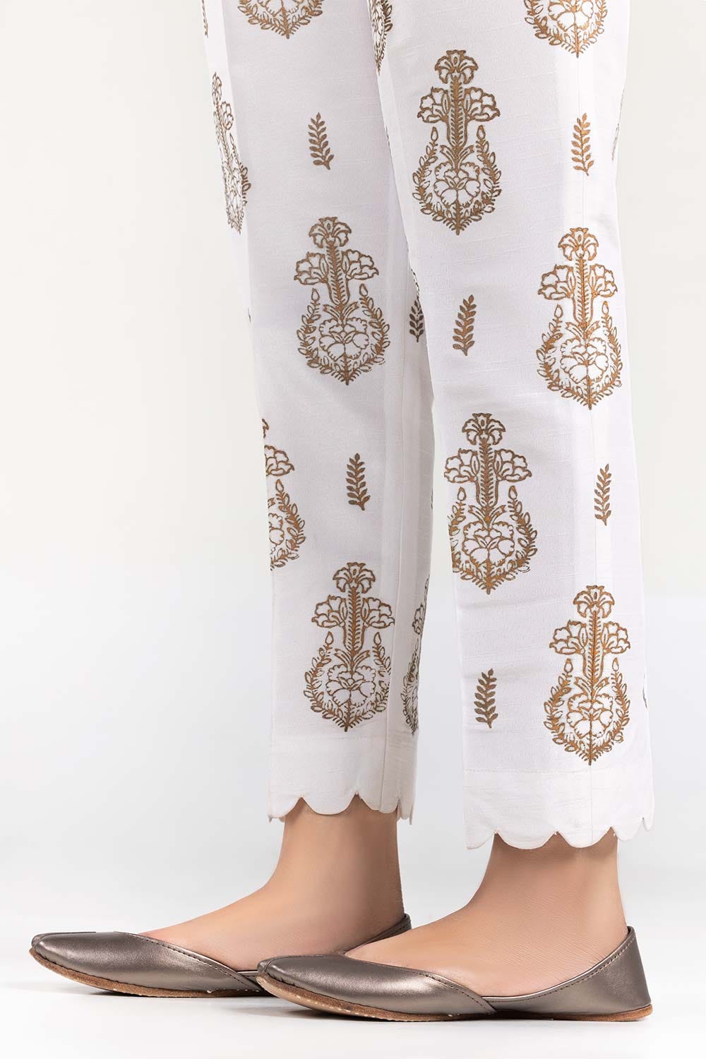 White Screen Printed Raw Silk Pants