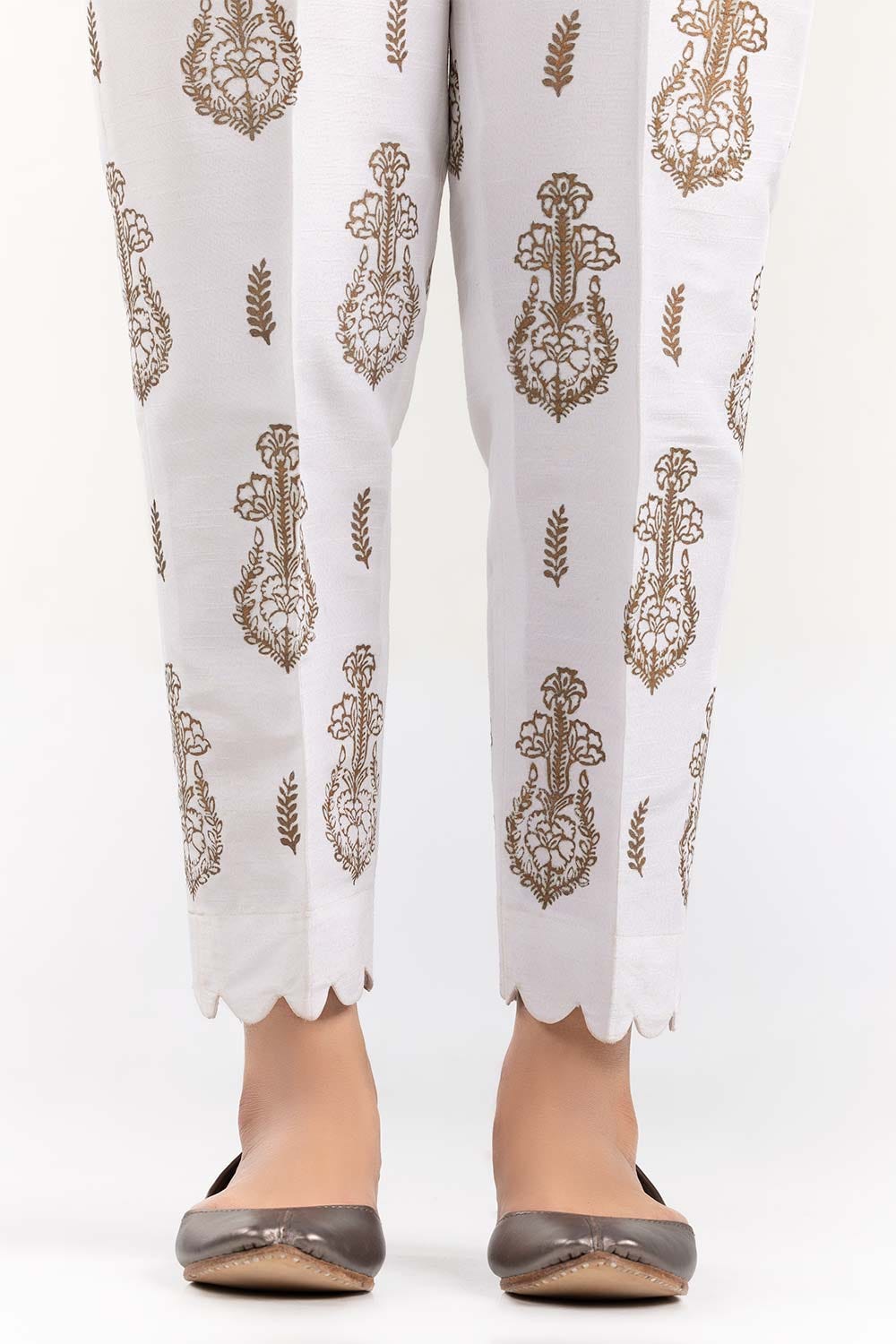 White Screen Printed Raw Silk Pants