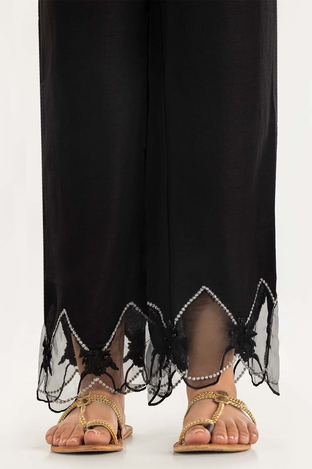 Black Embroidered Raw Silk Pants