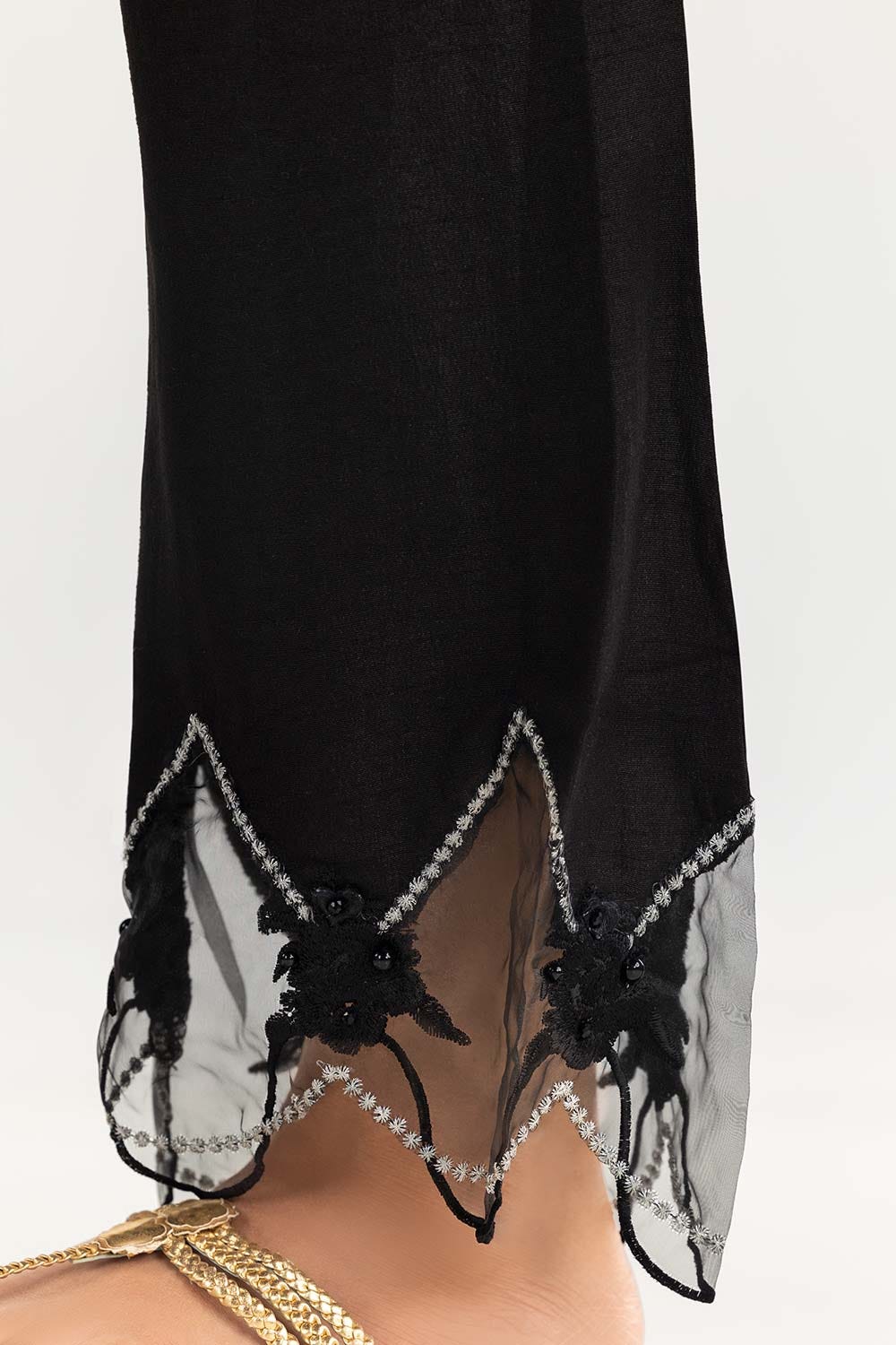 Black Embroidered Raw Silk Pants
