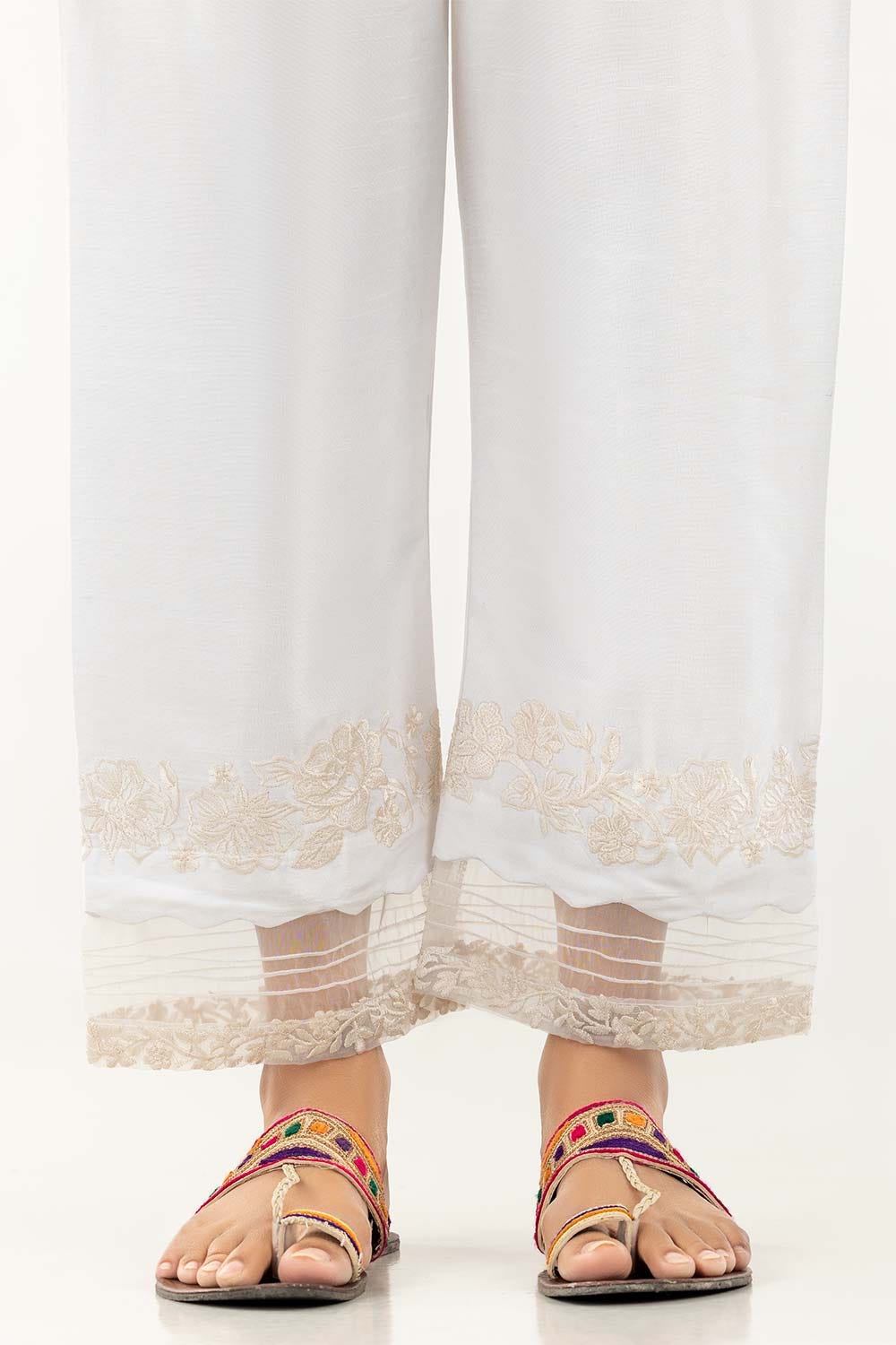 White Embroidered Raw Silk Pants