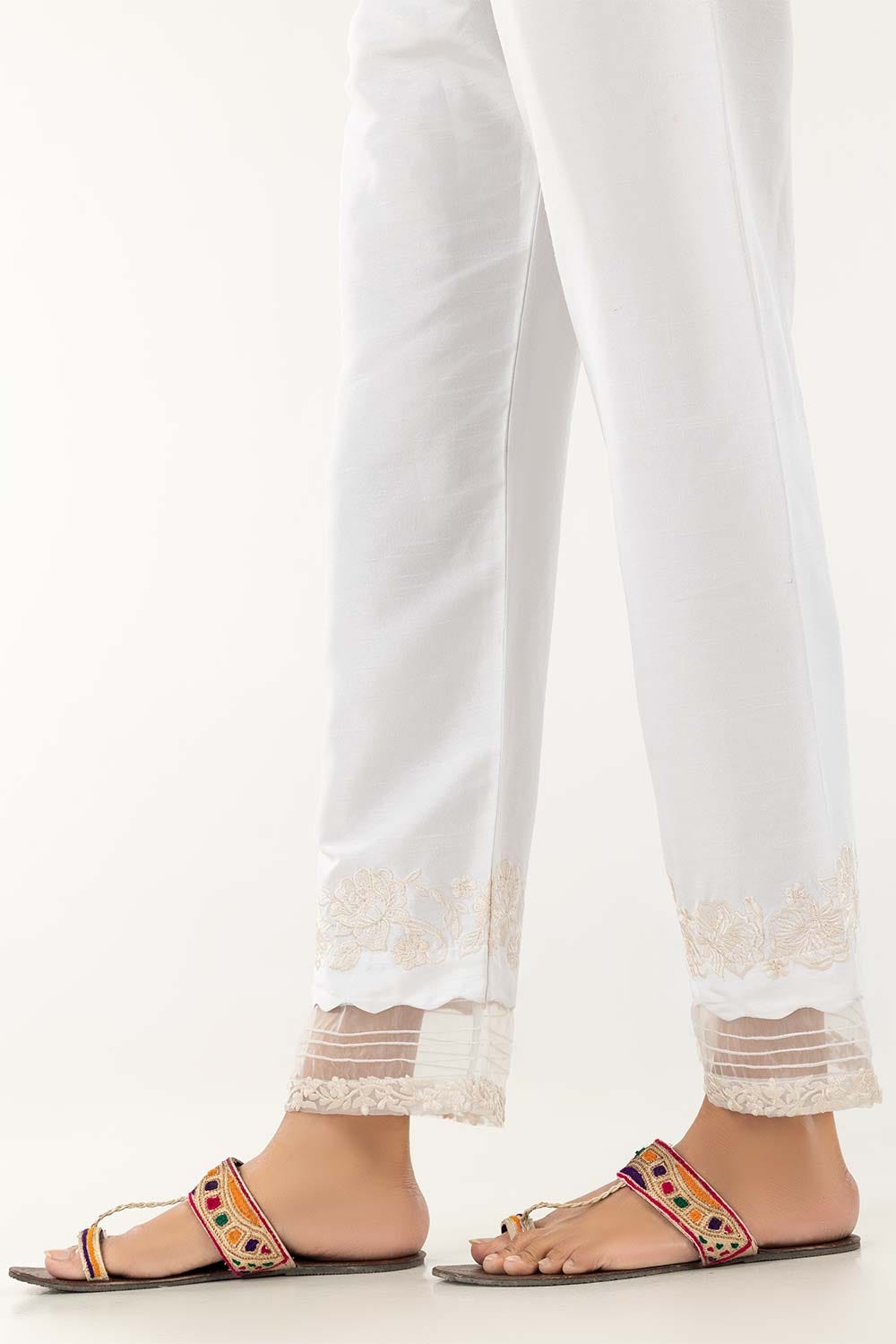 White Embroidered Raw Silk Pants