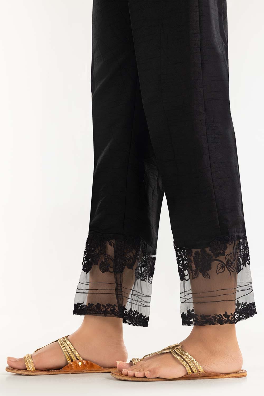 Black Embroidered Raw Silk Pants