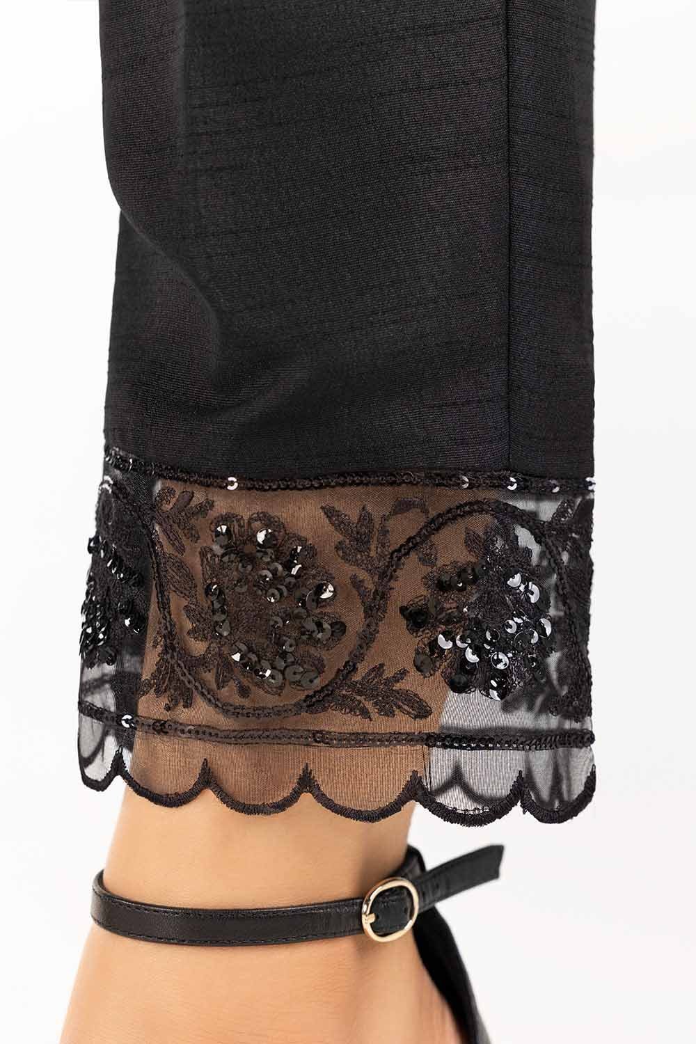 Black Embroidered Raw Silk Pants