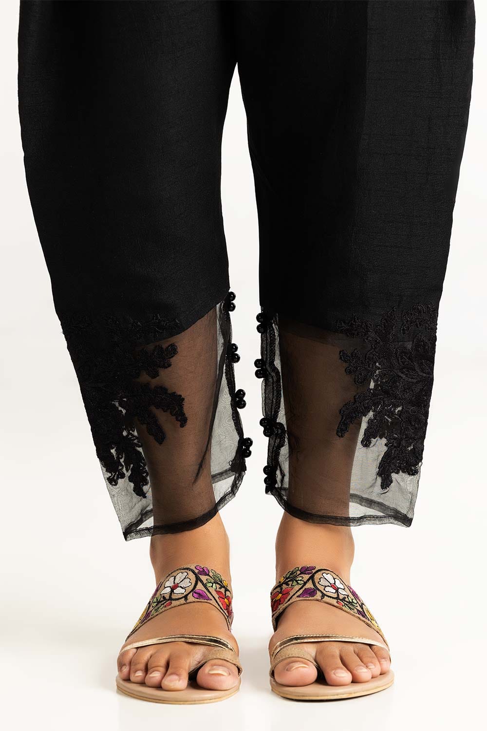 Black Embroidered Raw Silk Trousers