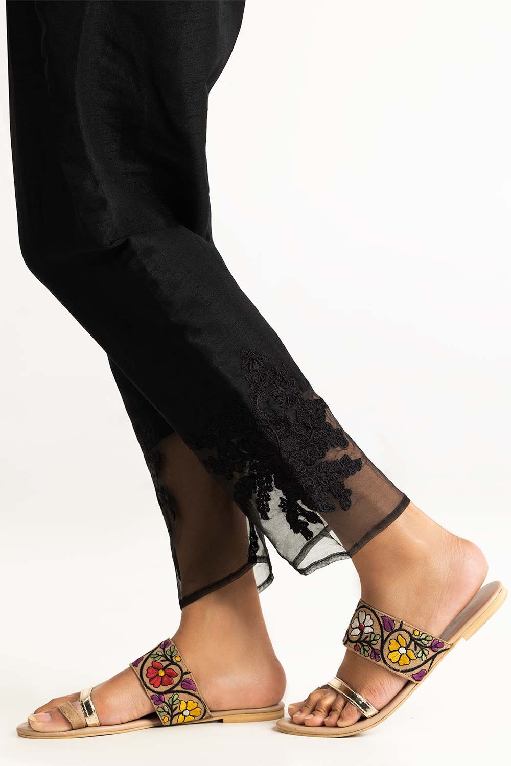 Black Embroidered Raw Silk Trousers