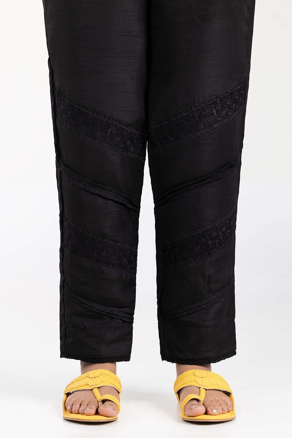 Black Embroidered Raw Silk Trouser