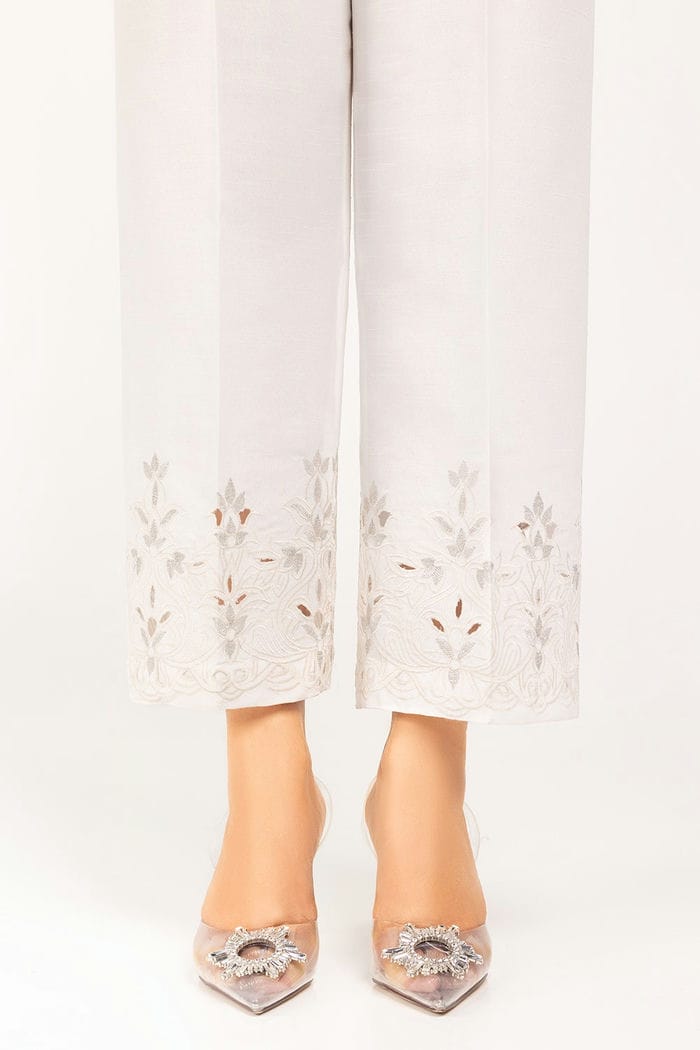 White Embroidered Raw Silk Trouser