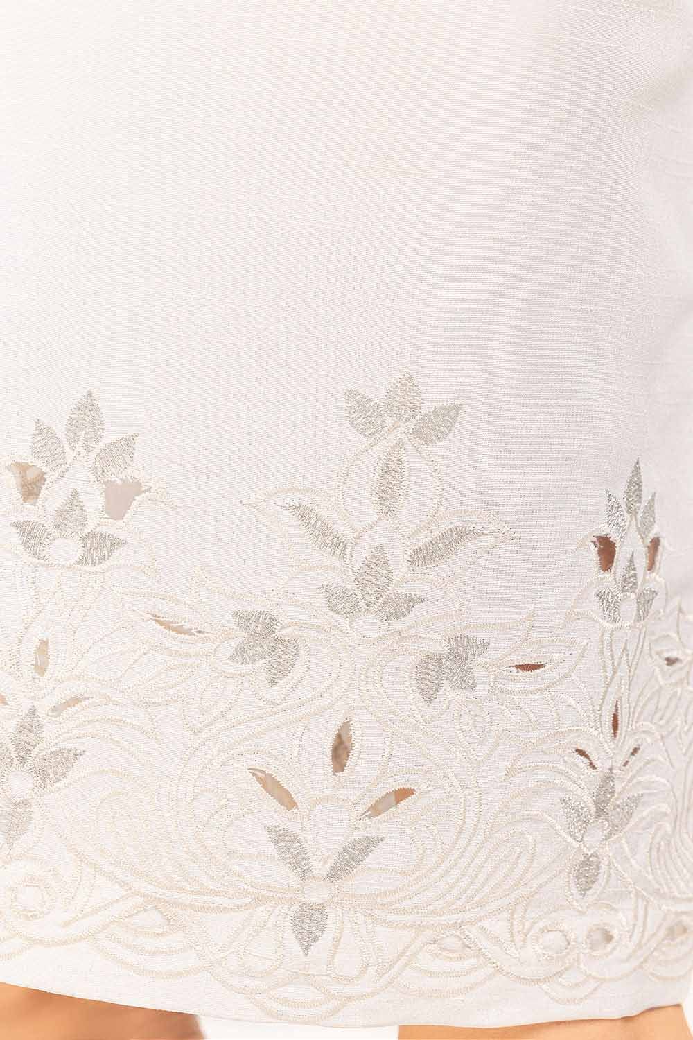 White Embroidered Raw Silk Trouser
