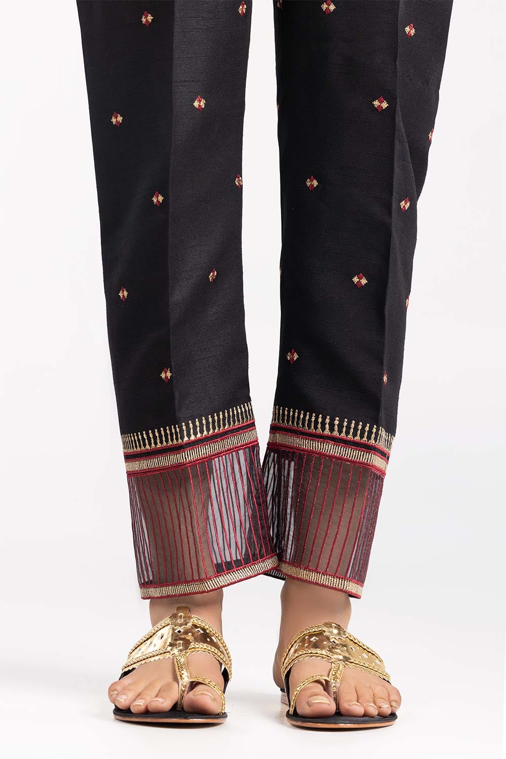 Black Embroidered Raw Silk Trousers