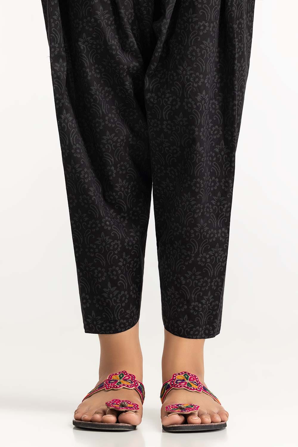 Black Dyed Cambric Screen Print Shalwar - W-AP-24-396679