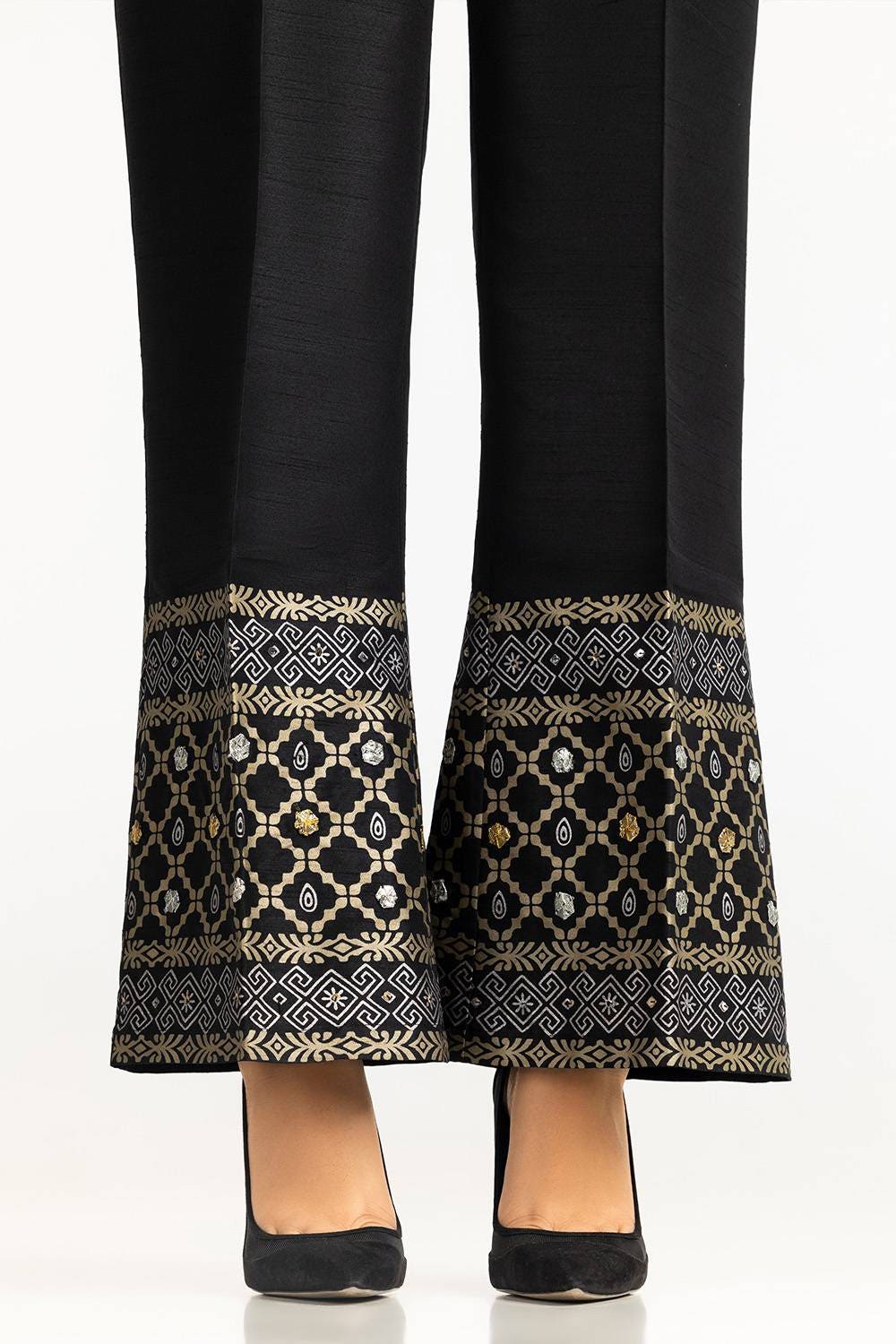 Black Rawsilk Block Printed Trouser - W-AP-24-414096
