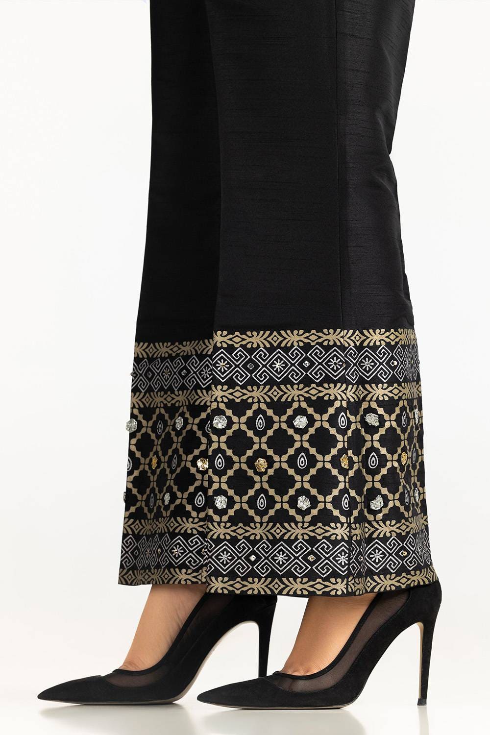 Black Rawsilk Block Printed Trouser - W-AP-24-414096