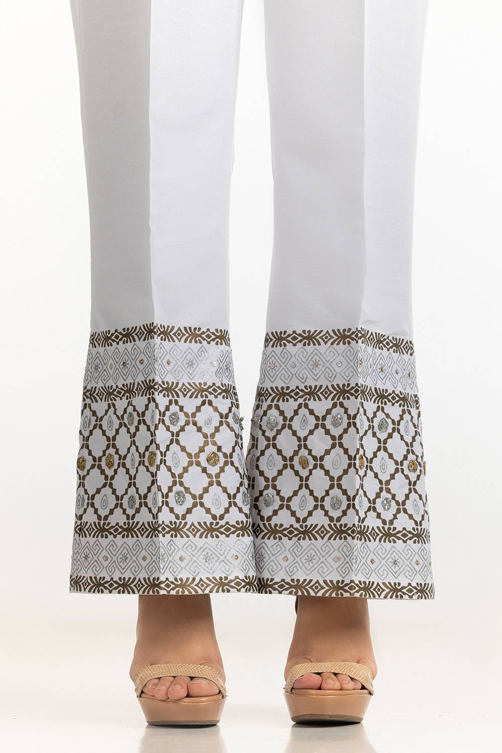 White Rawsilk Block Printed Trouser - W-AP-24-414132