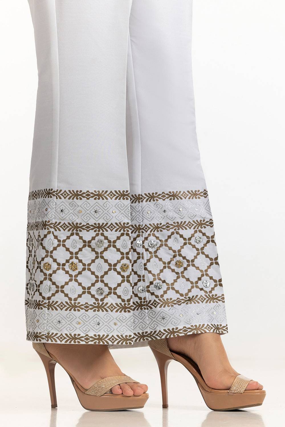 White Rawsilk Block Printed Trouser - W-AP-24-414132