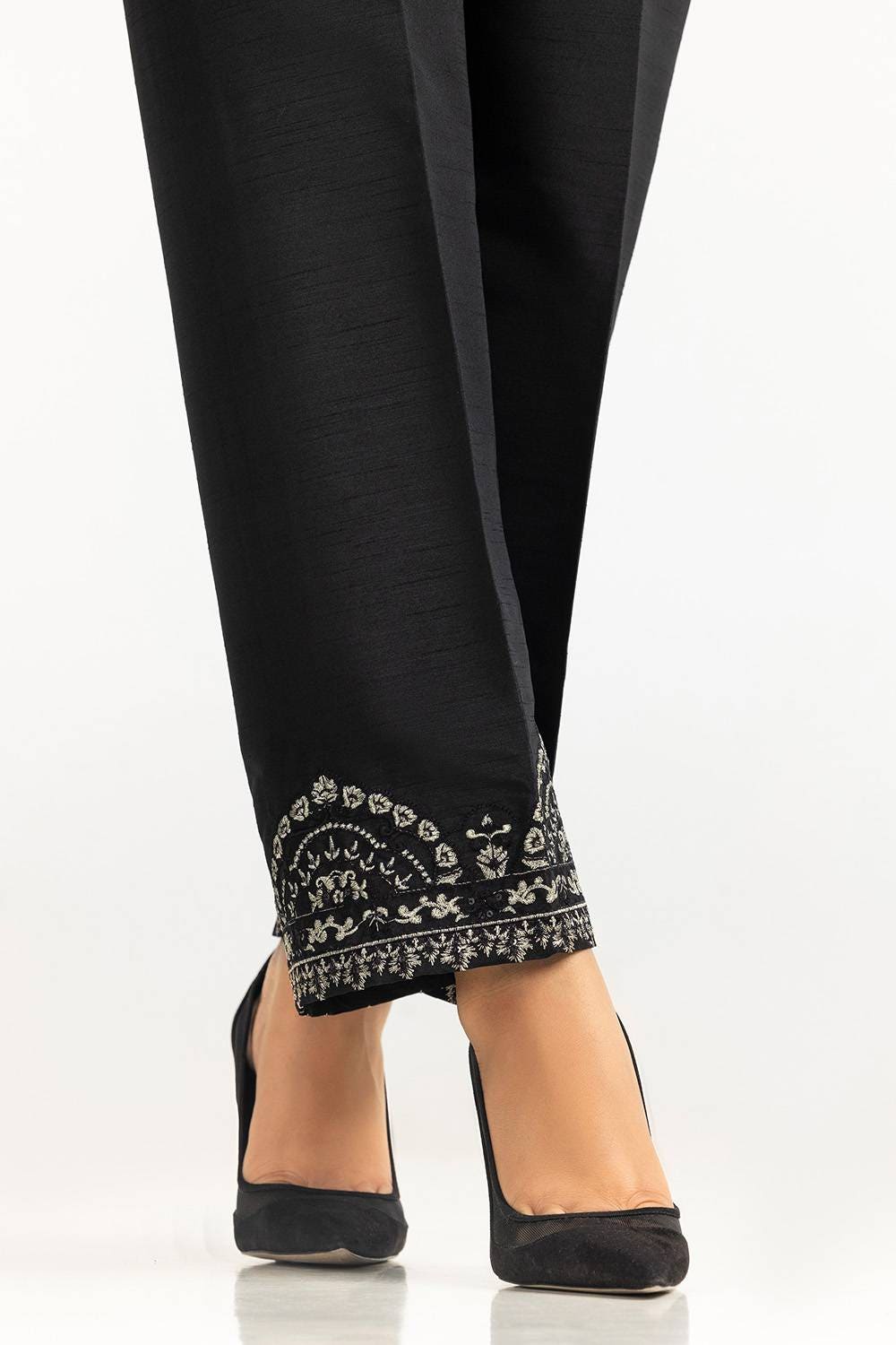 Black Rawsilk Embroidered Trouser - W-AP-24-414108