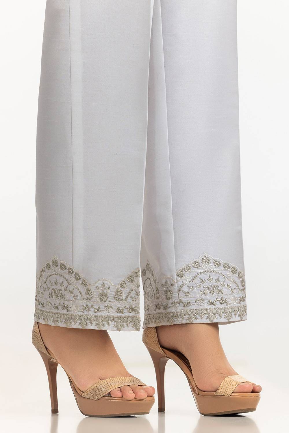 White Rawsilk Embroidered Trouser - W-AP-24-414144